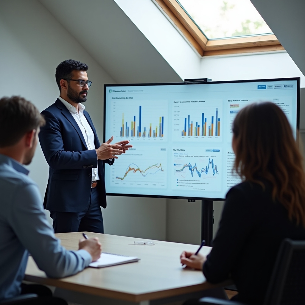 Data Analyst präsentiert Erkenntnisse mit Visualisierungen an ein Führungsteam