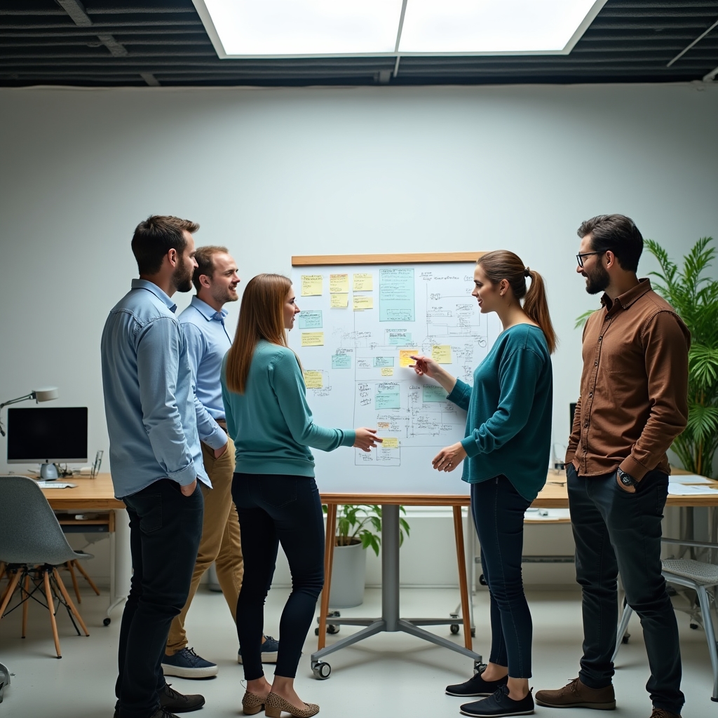 Entwicklerteam bespricht Kommunikationsstrategien in einem modernen Büro