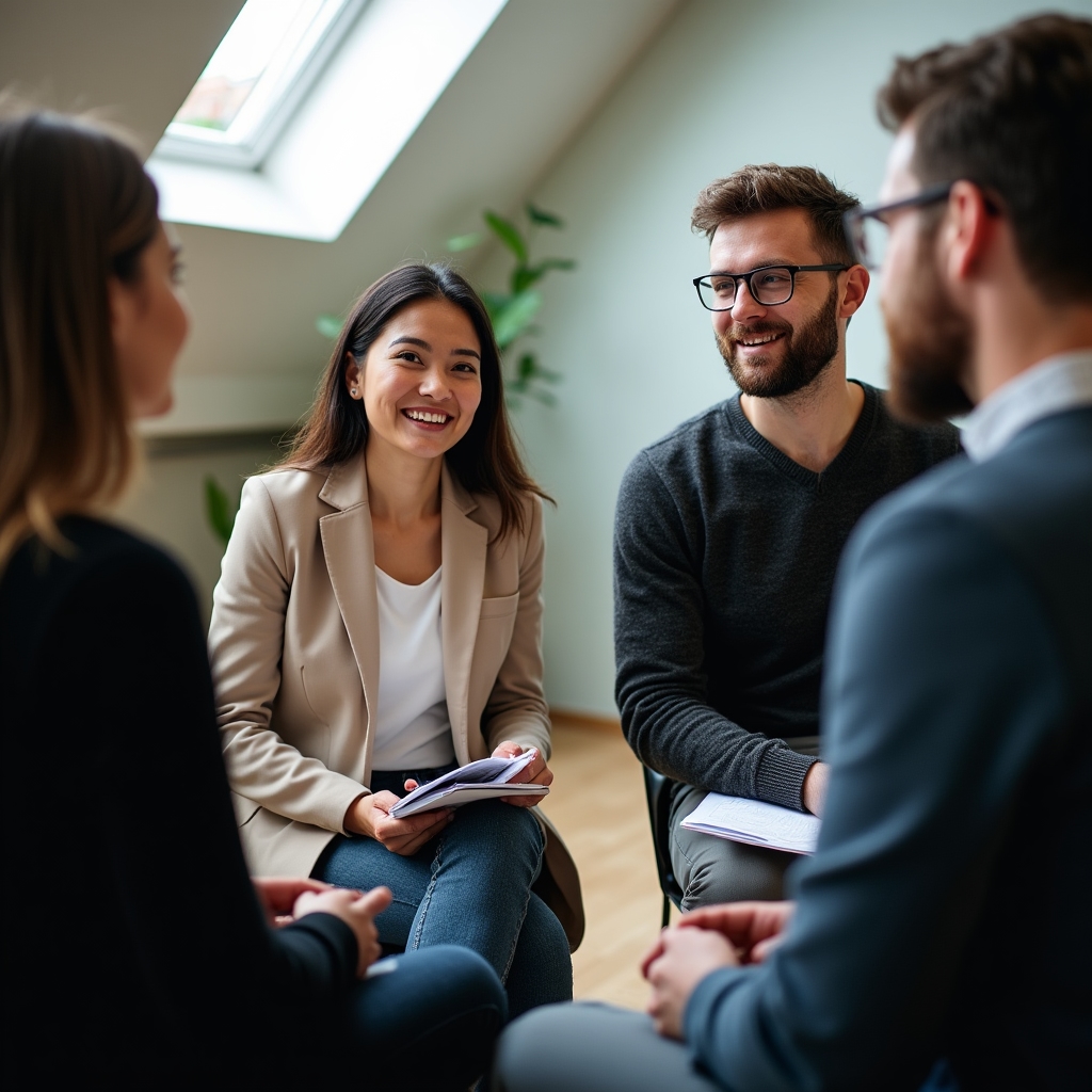 Gruppe bei einer praxisorientierten Feedback-Runde im Workshop
